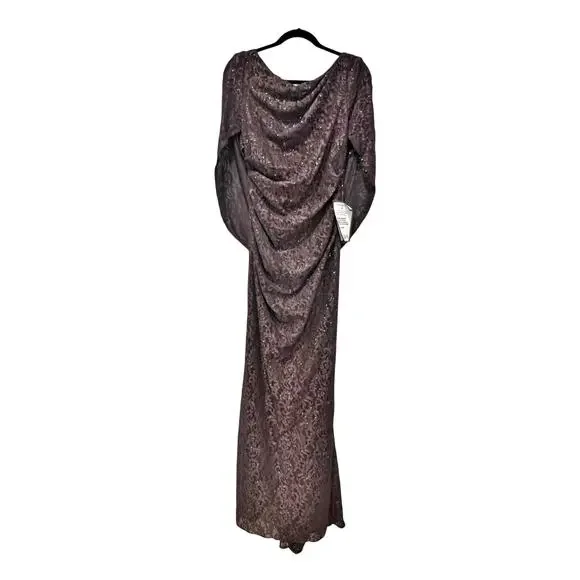 Betsy & Adam Women's Embellished Glitter-Lace Capelet Gown Brown Size 4 NWT
